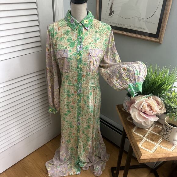 ANN TAYLOR LOFT Shirt Dress Womens Large Green Floral Maxi Godet Pastel Romantic - Picture 1 of 12